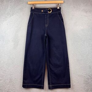 Betabrand Wide Leg Cropped Denim Jeans Belted High Waist Dark Wash Women S